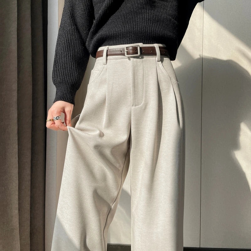 MEXZT Woolen Wide Leg Pants Women Streetwear Belt Fleece Baggy Black Suit Pants Winter Korean Fashion Casual Straight Trousers