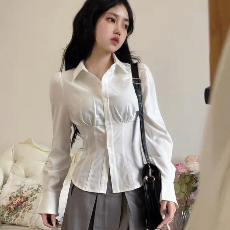 Korean Style White Shirt - Women's Slim Fit Long Sleeve Blouse