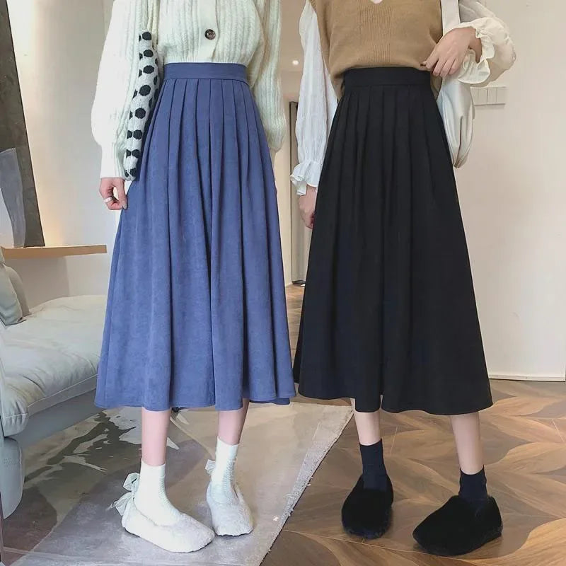Korean Style Pleated Midi Skirt - Vintage Brown High Waist A-Line Skirt