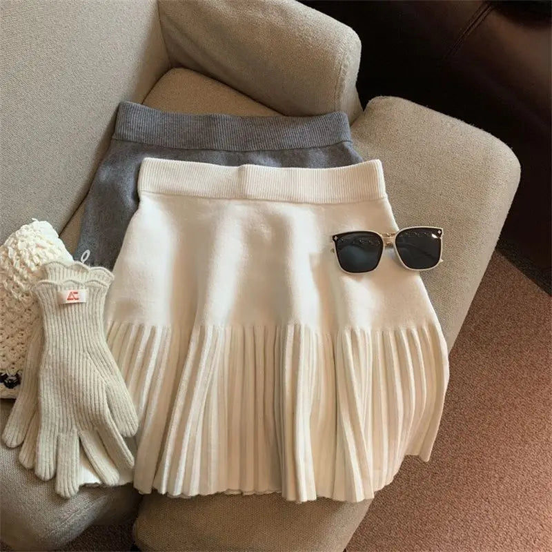 Korean Style Pleated Knit Mini Skirt - High Waist A-Line Skirt for Women