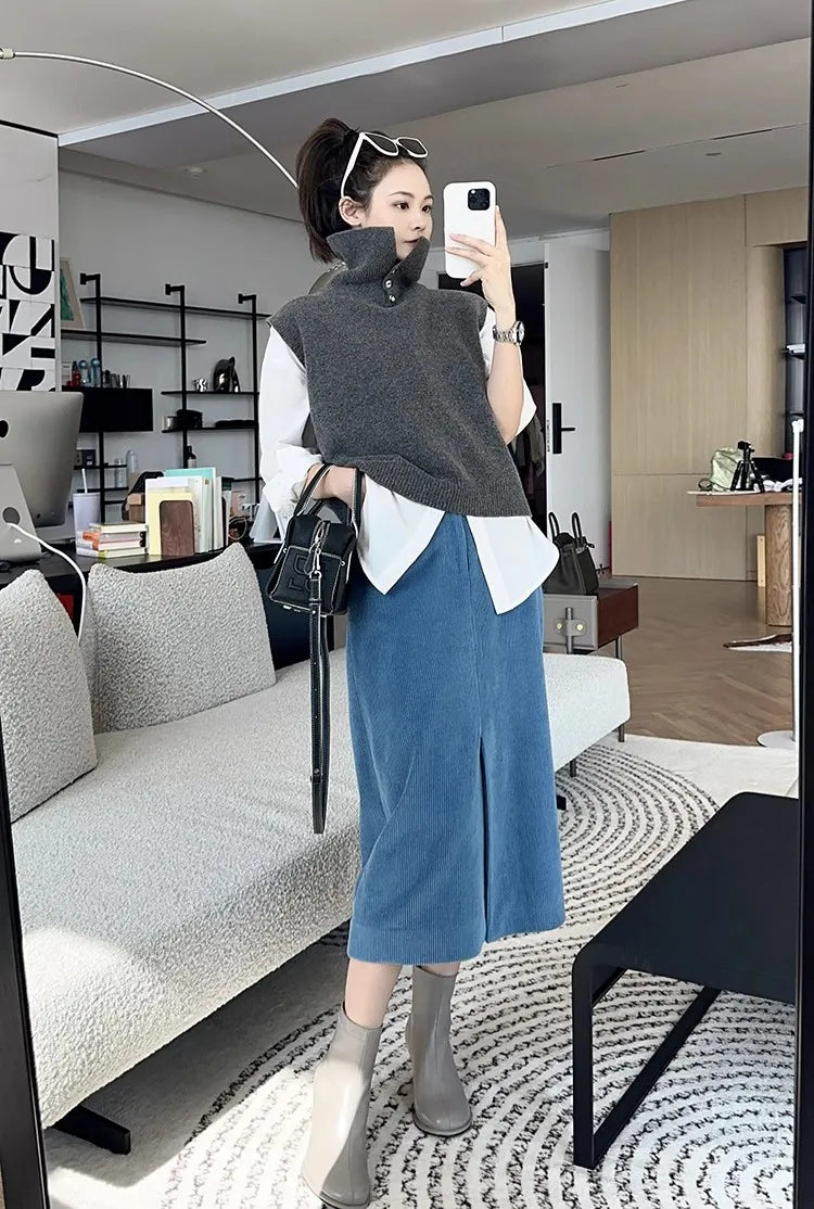 Korean Style Cashmere Turtleneck Vest - Sleeveless Knit Jumper Top