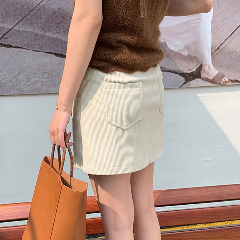 Korean Style High Waist Corduroy Mini Skirt - A-Line Vintage College Skirt with Pockets