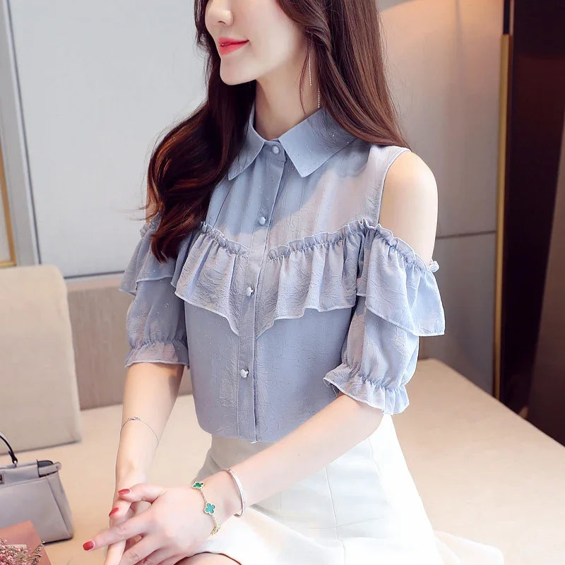 Korean Style Off-Shoulder Chiffon Blouse - Ruffle Sleeve Summer Top
