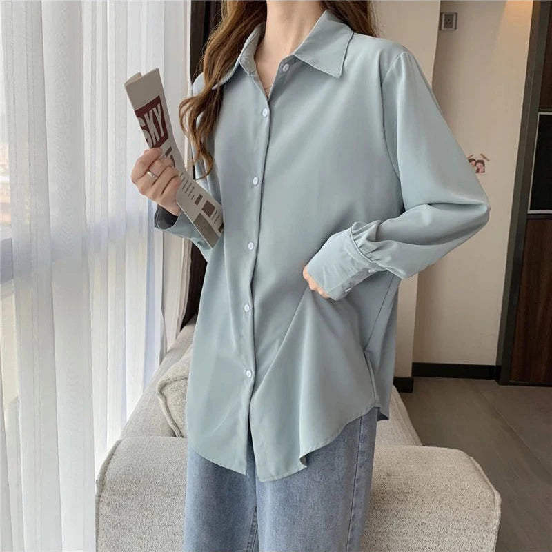 Korean Style White Chiffon Blouse - Elegant Long Sleeve Shirt for Women