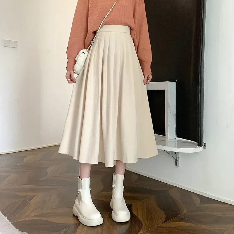 Korean Style Pleated Midi Skirt - Vintage Brown High Waist A-Line Skirt
