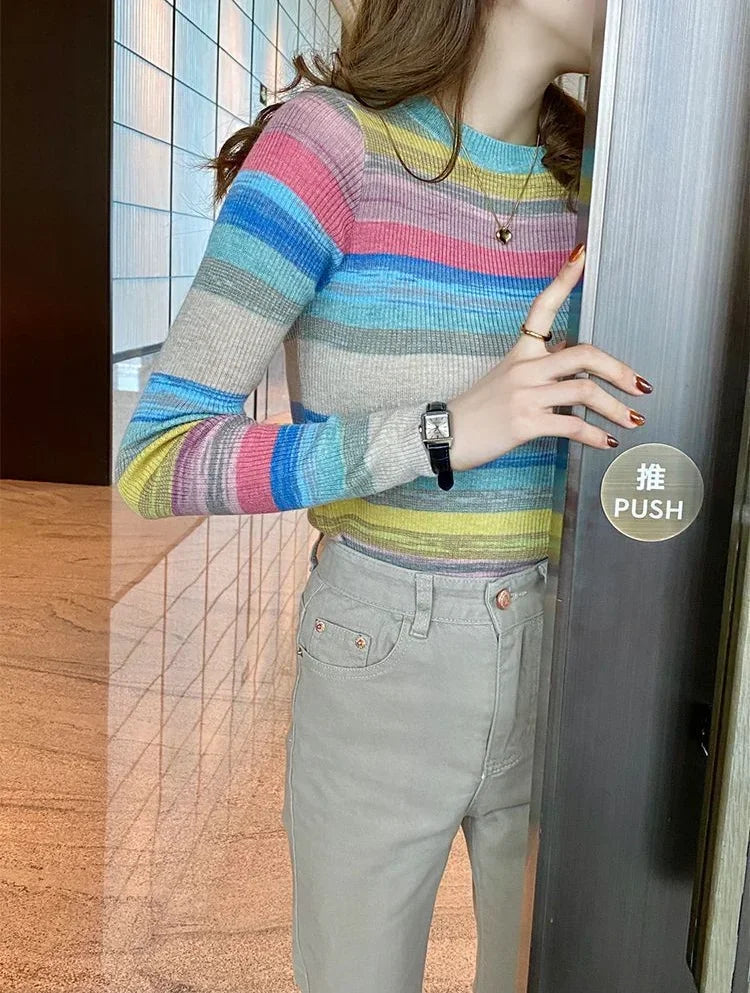 Korean Style Striped Long Sleeve Top - Women's Slim Fit T-Shirt