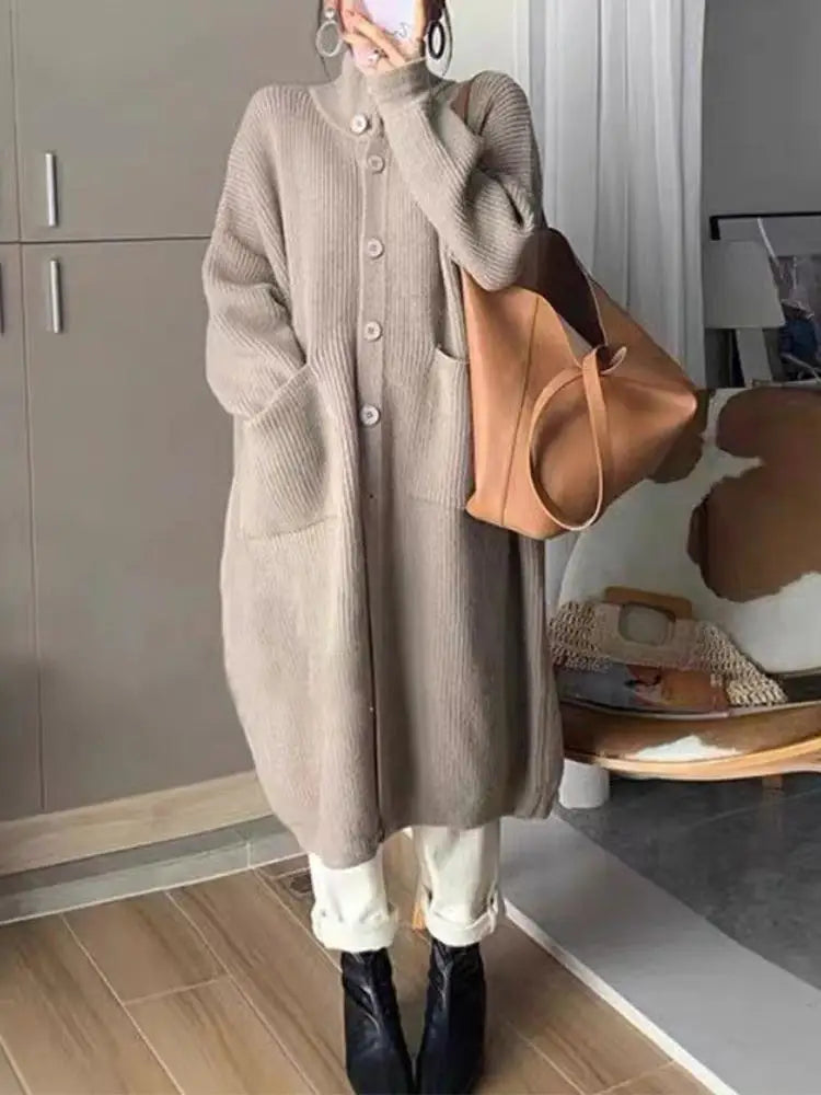 Korean Style Long Cardigan with High Collar - Women's Knit Sweater