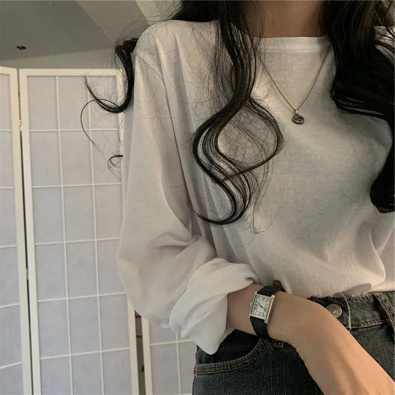 Korean Style Long Sleeve T-Shirt - Women's Loose Fit Basic Top