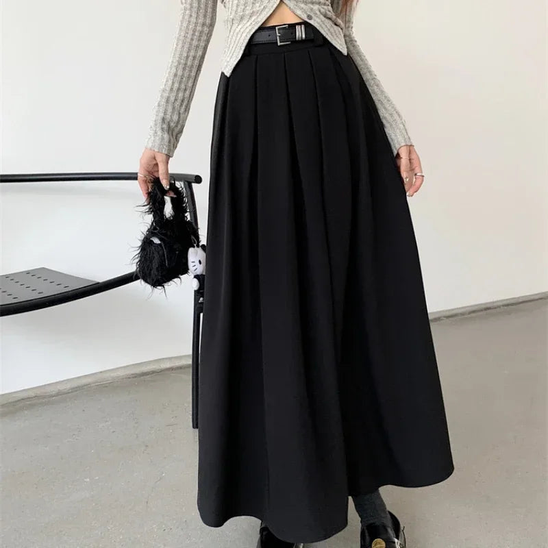 Korean Style Pleated Midi Skirt - A-Line High Waist Swing Skirt for Women