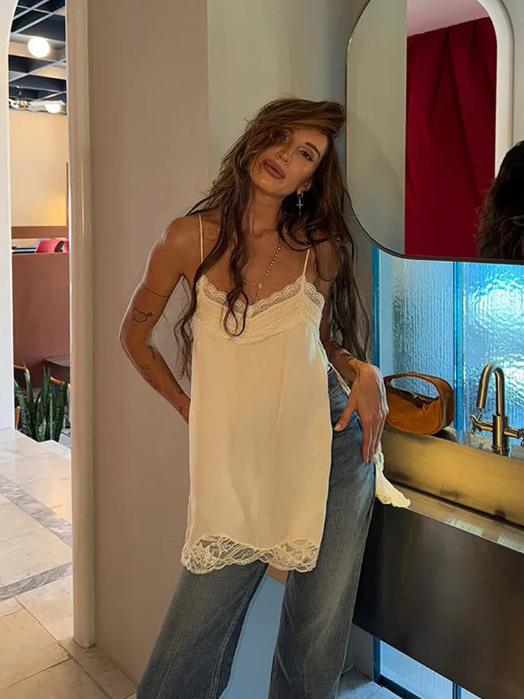 Korean Style Lace Cami Top - Elegant Sleeveless Square Neck Blouse