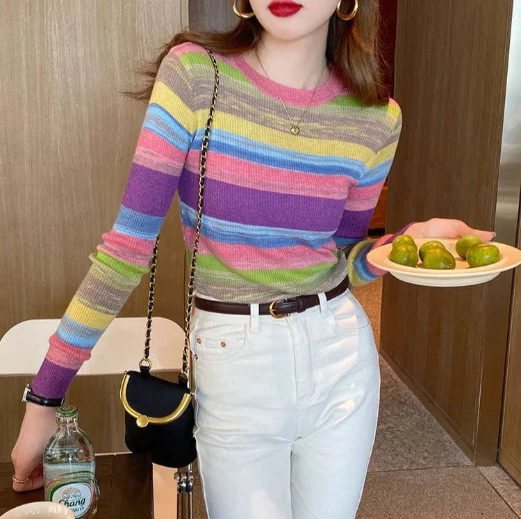 Korean Style Striped Long Sleeve Top - Women's Slim Fit T-Shirt