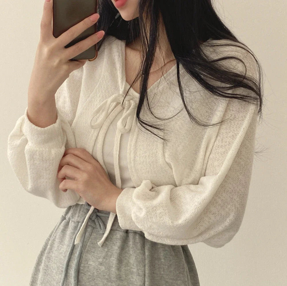 Korean Style White Cardigan - Women's Summer Lightweight Lace-Up Knitwear