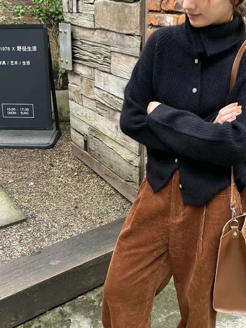 Korean Style Turtleneck Cardigan - Women's Chunky Knit Sweater