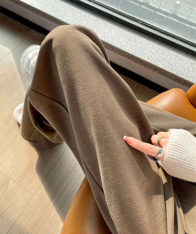 MEXZT Woolen Wide Leg Pants Women Streetwear Belt Fleece Baggy Black Suit Pants Winter Korean Fashion Casual Straight Trousers