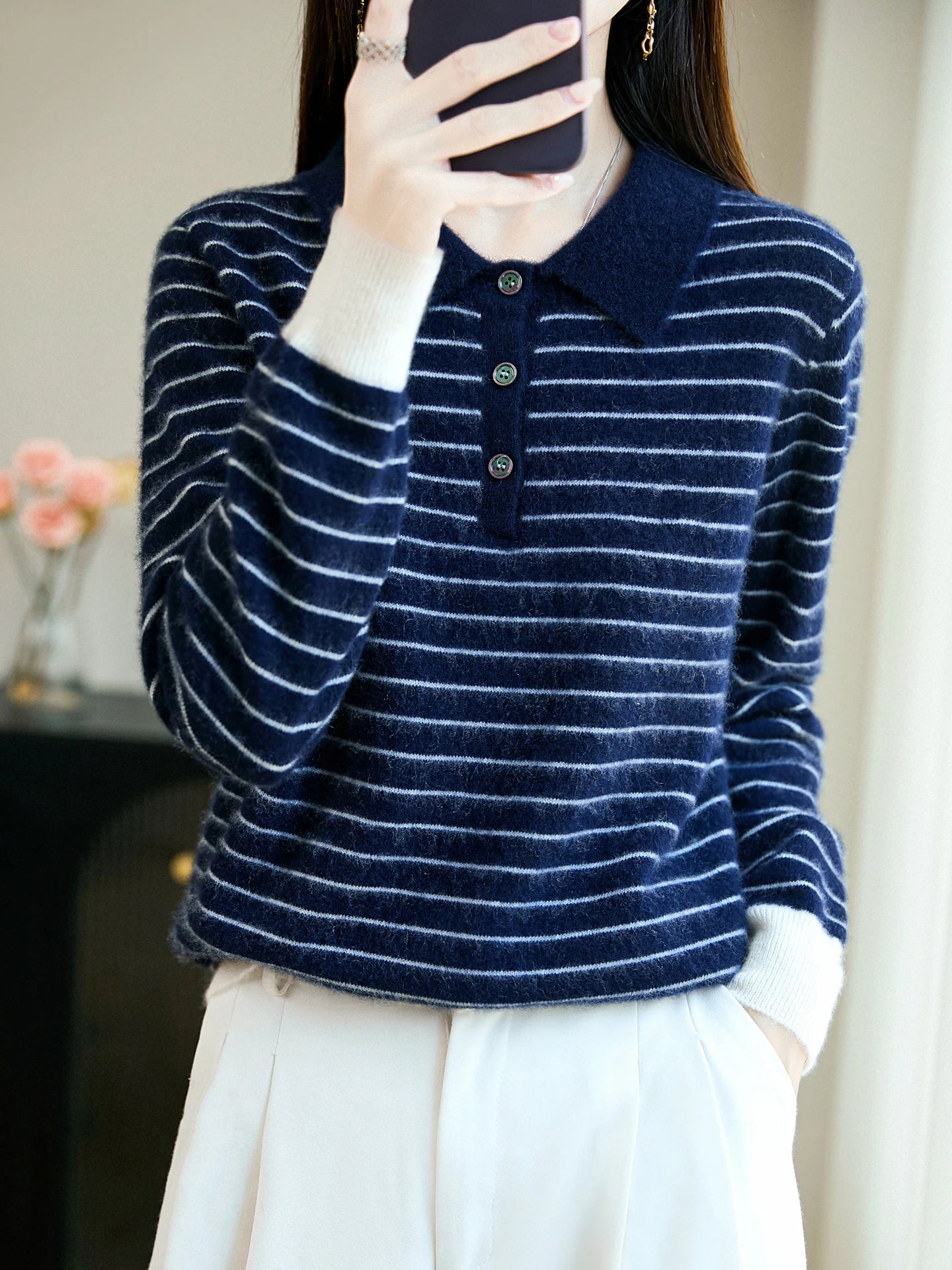 Korean Style Wool Polo Neck Jumper - Striped Knit Pullover for Women