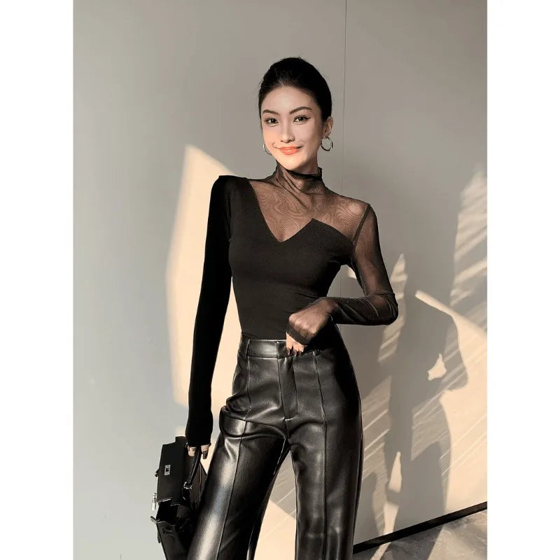Korean Style Mesh Panel Long Sleeve Top - Elegant Black Sheer Patchwork Tee