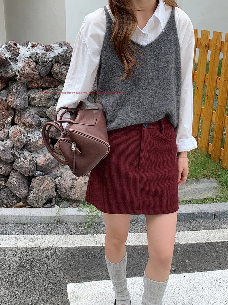 Korean Style High Waist Corduroy Mini Skirt - A-Line Vintage College Skirt with Pockets