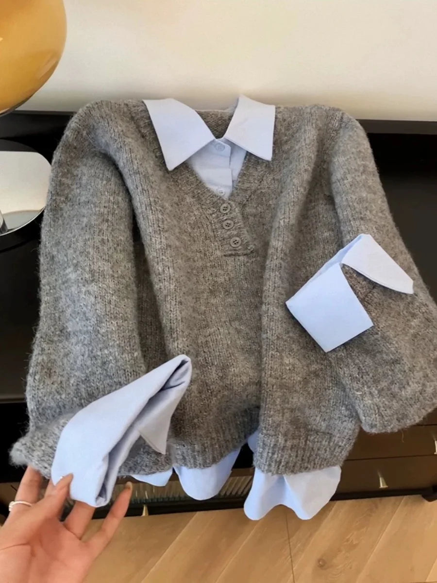 Korean Style Grey Blue Colour Block Knitted Sweater - Women's Turn-Down Collar Jumper