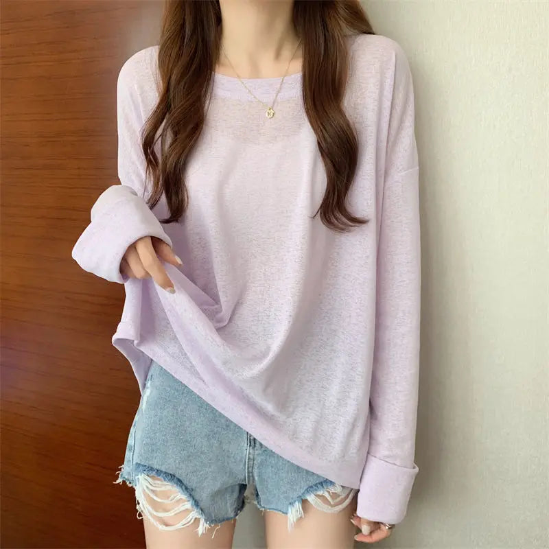 Korean Style Mesh Long Sleeve Cover Up Top