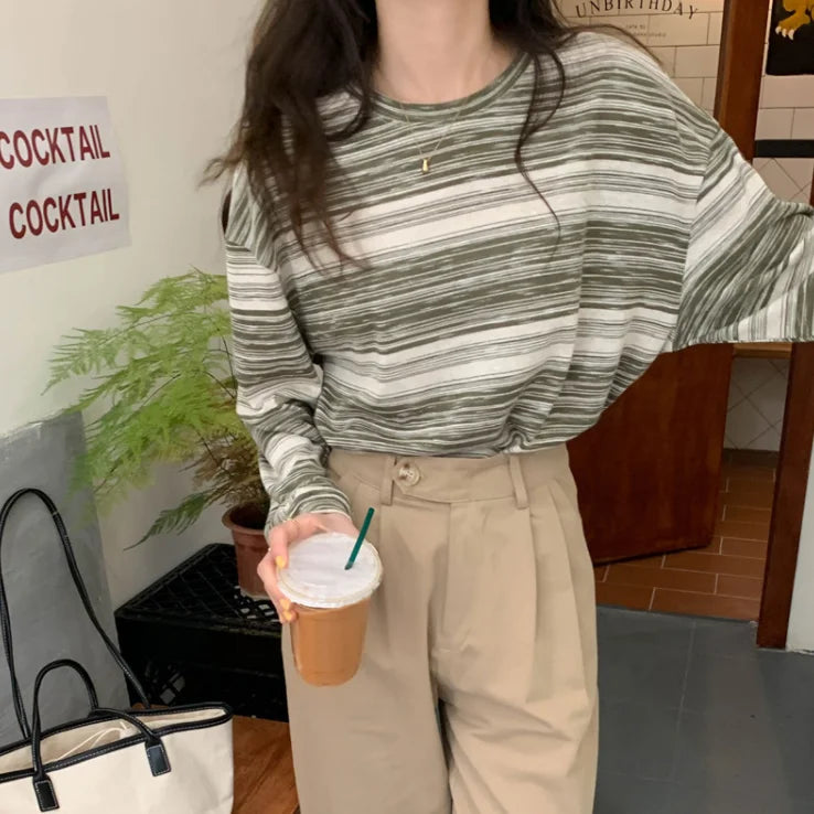 Korean Style Vintage Striped Long Sleeve T-Shirt - Women's Loose Fit Top