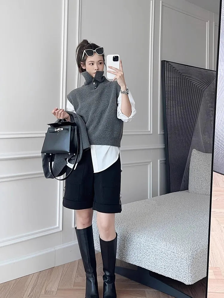 Korean Style Cashmere Turtleneck Vest - Sleeveless Knit Jumper Top