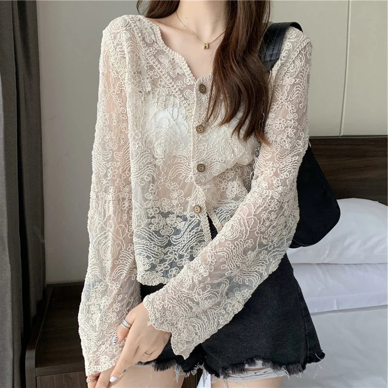Korean Style Lace Blouse - Sheer Long Sleeve Summer Top