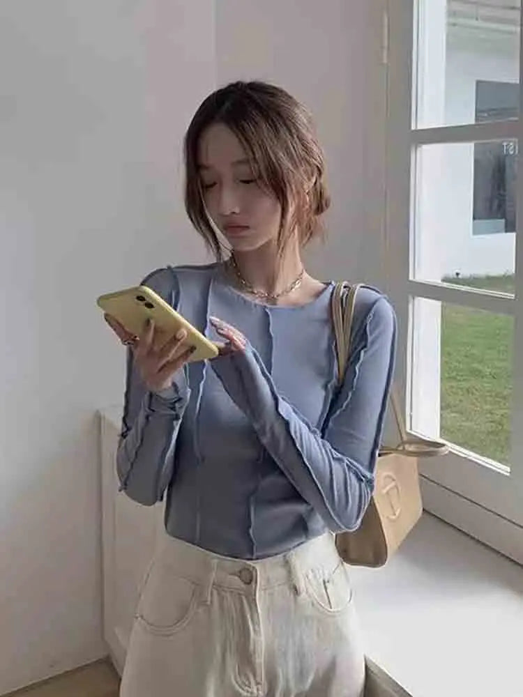 Korean Style Long Sleeve Top - Slim Fit with Contrast Line Detail