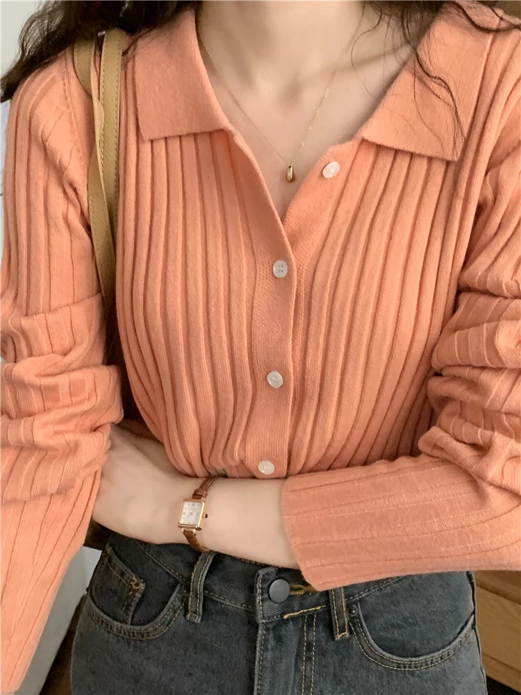 Korean Style Polo Collar Knit Cardigan - Women's Elegant Layering Sweater