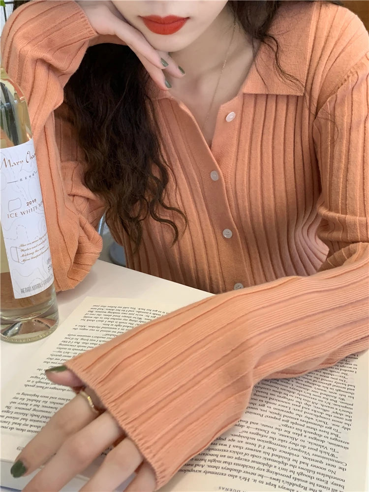 Korean Style Polo Collar Knit Cardigan - Women's Elegant Layering Sweater