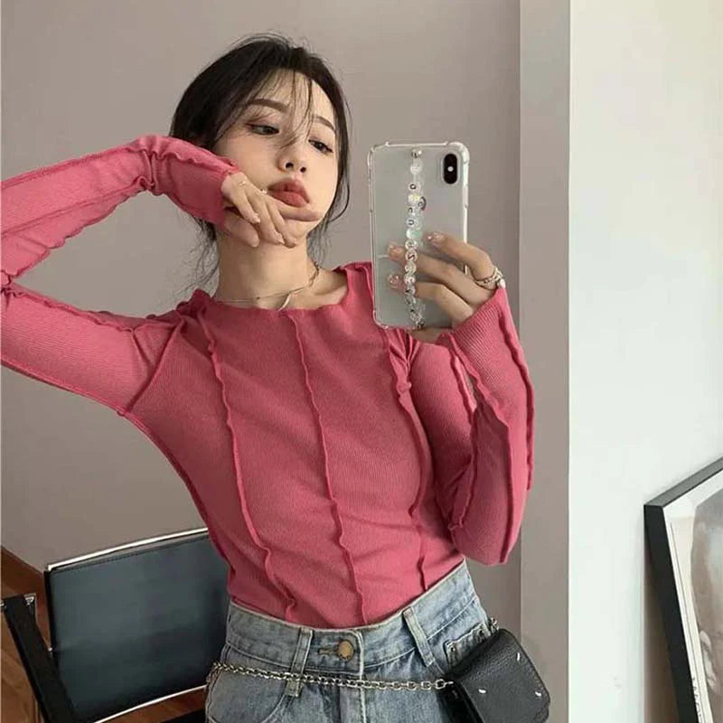 Korean Style Long Sleeve Top - Slim Fit with Contrast Line Detail
