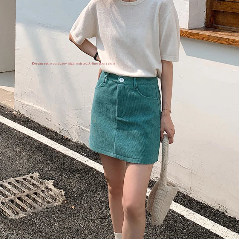 Korean Style High Waist Corduroy Mini Skirt - A-Line Vintage College Skirt with Pockets