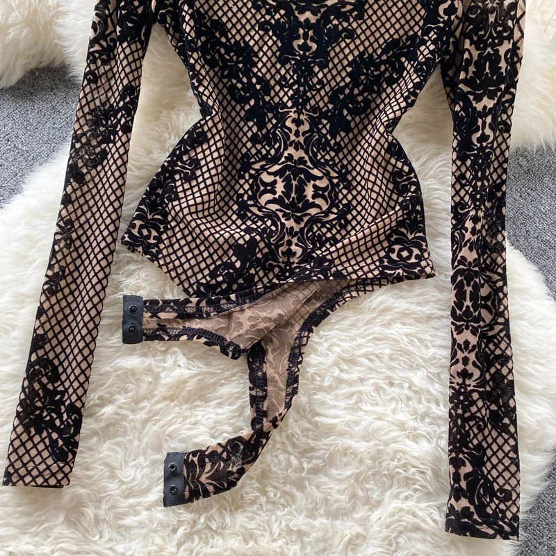Korean Style Mesh Bodysuit - Long Sleeve Backless Body Top