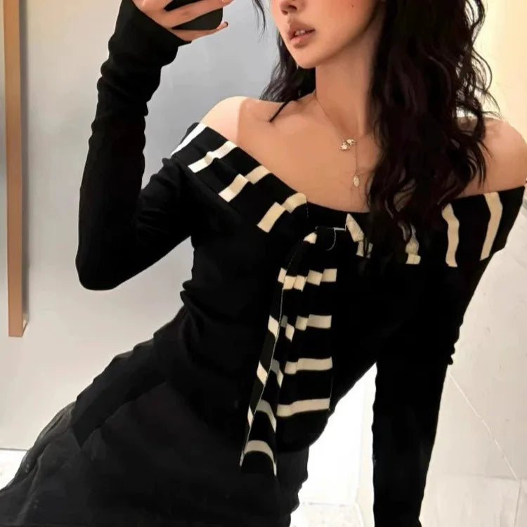 Korean Style Two-Piece Striped Knit Set - Boat Neck Layered Top