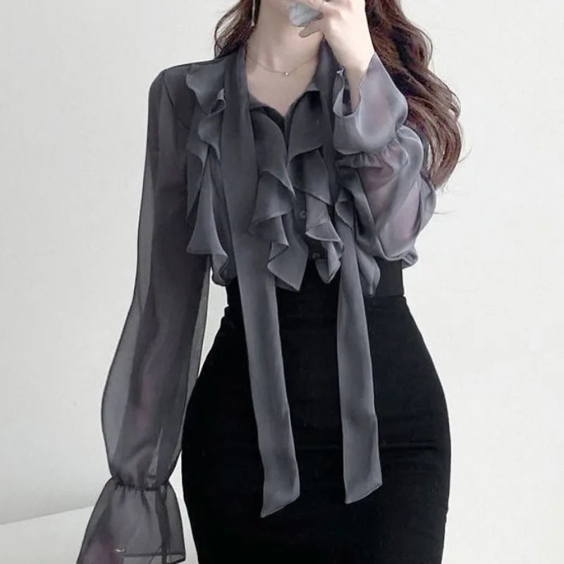 Korean Style Chiffon Blouse with Bow - Long Sleeve V-Neck Office Shirt