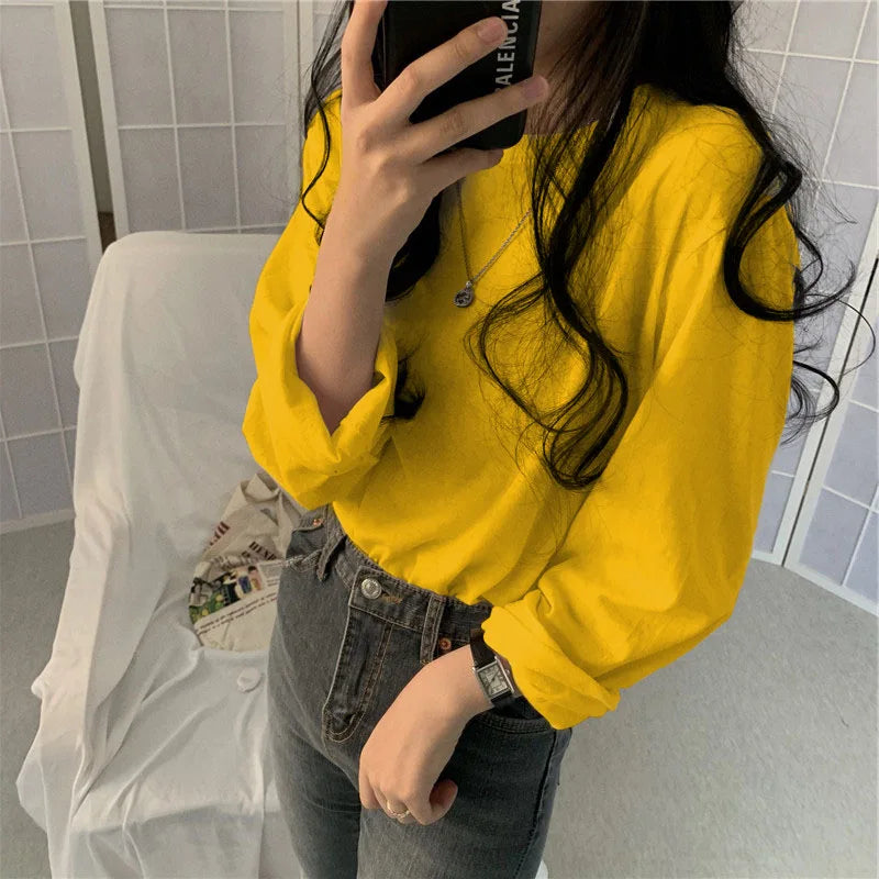 Korean Style Long Sleeve T-Shirt - Women's Loose Fit Basic Top