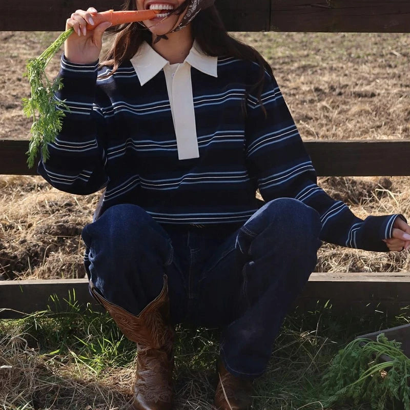 Korean Style Striped V-Neck Sweatshirt - Women's Vintage Y2K Button Pullover Top