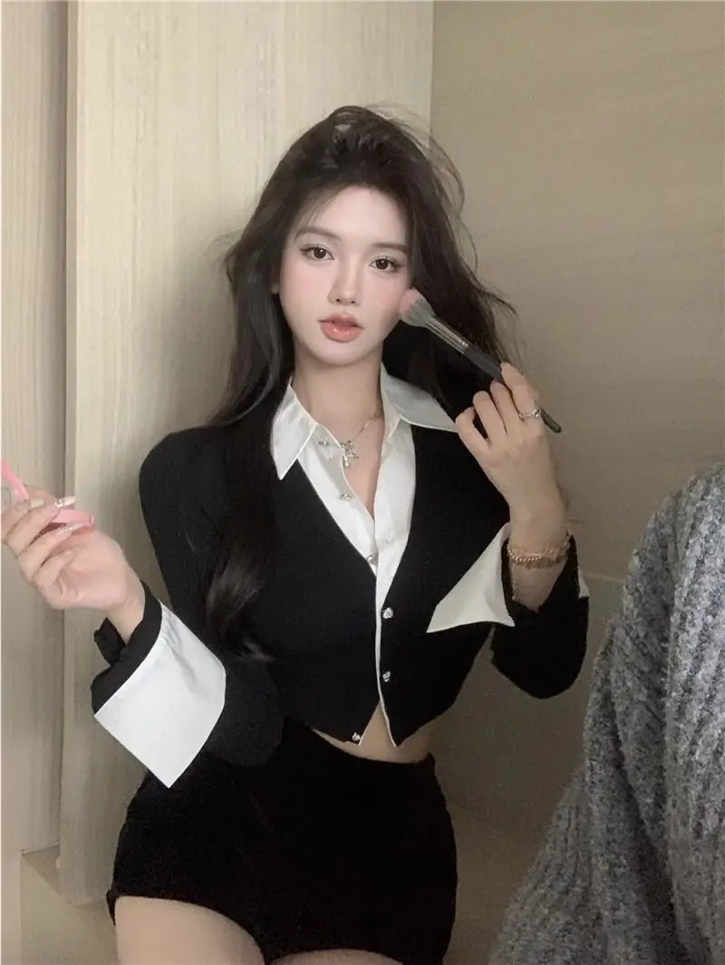 Korean Style Two-Piece Effect Blouse - Women's Slim Fit Cropped Shirt
