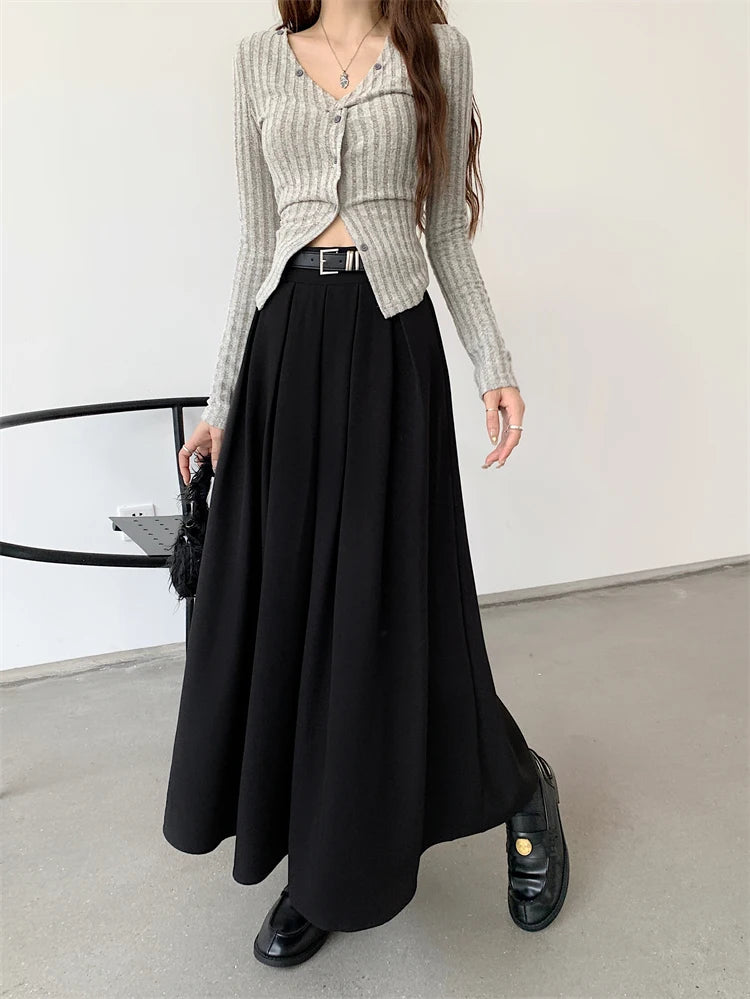 Korean Style Pleated Midi Skirt - A-Line High Waist Swing Skirt for Women
