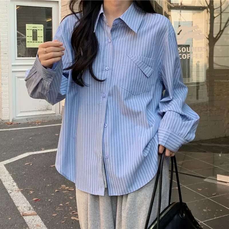 Korean Style Blue Striped Shirt - Women's Long Sleeve Blouse with Pockets