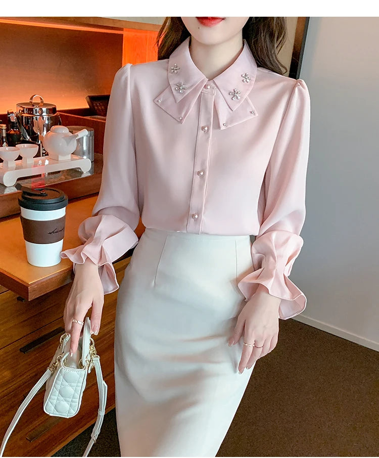 Korean Style Chiffon Blouse - Elegant Long Sleeve White Shirt for Women