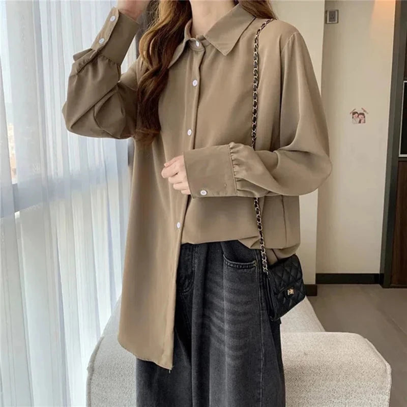 Korean Style White Chiffon Blouse - Elegant Long Sleeve Shirt for Women