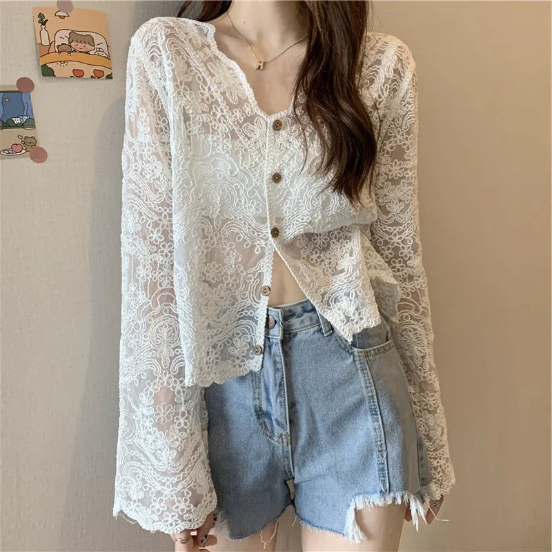 Korean Style Lace Blouse - Sheer Long Sleeve Summer Top
