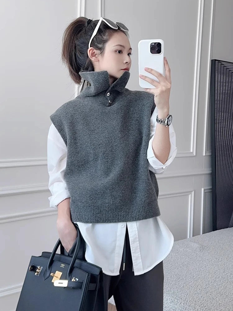 Korean Style Cashmere Turtleneck Vest - Sleeveless Knit Jumper Top
