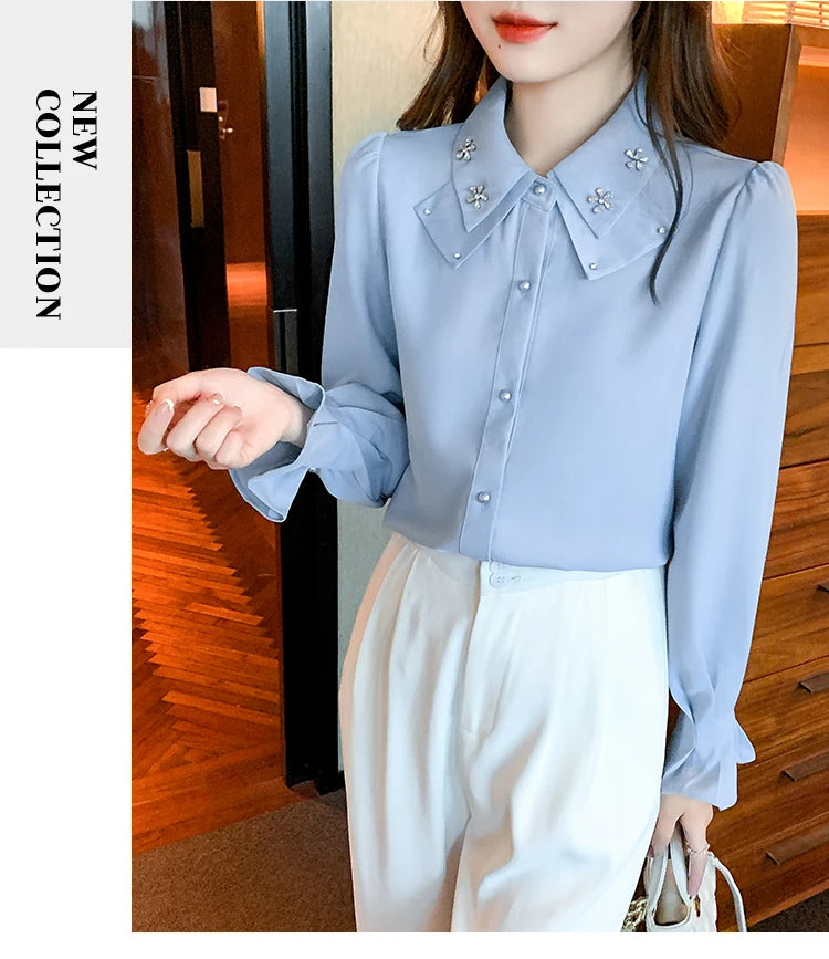 Korean Style Chiffon Blouse - Elegant Long Sleeve White Shirt for Women