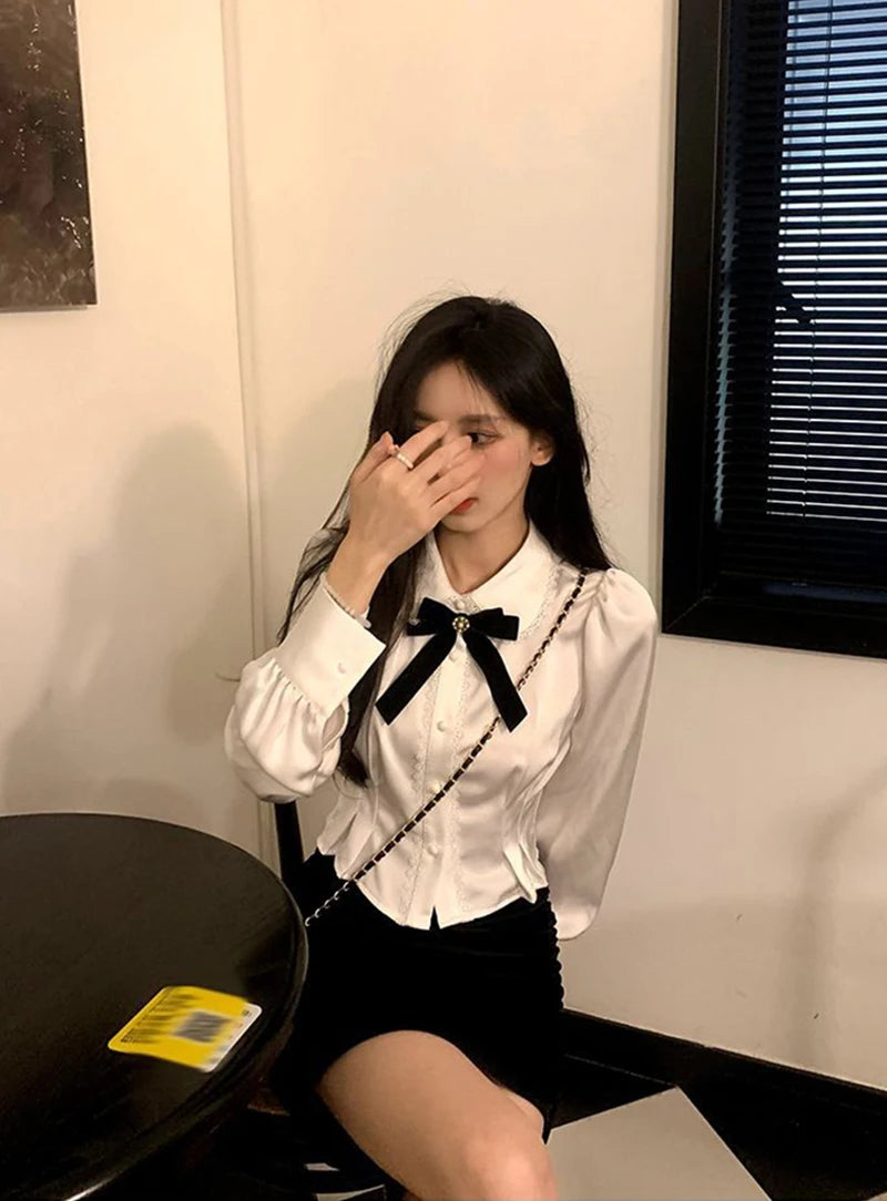 Korean Style White Lace Blouse - Elegant Peter Pan Collar Shirt with Bow Detail