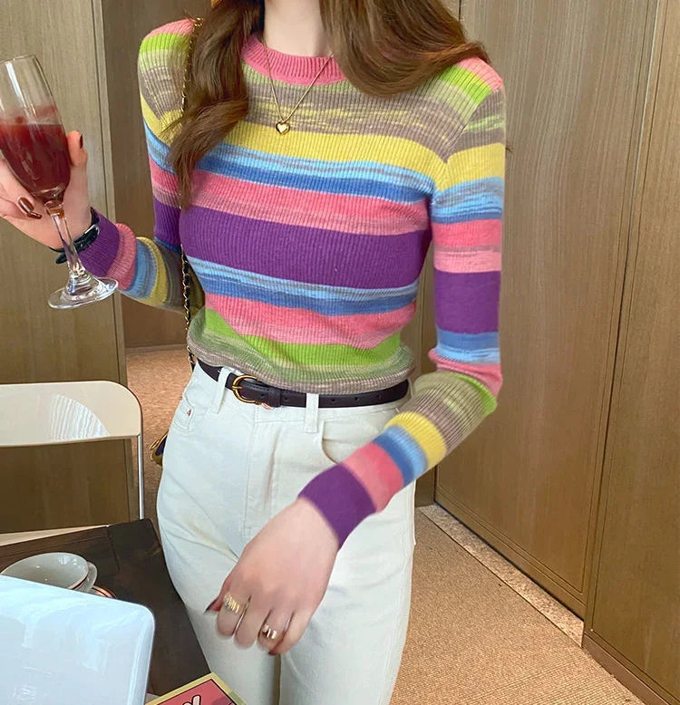 Korean Style Striped Long Sleeve Top - Women's Slim Fit T-Shirt