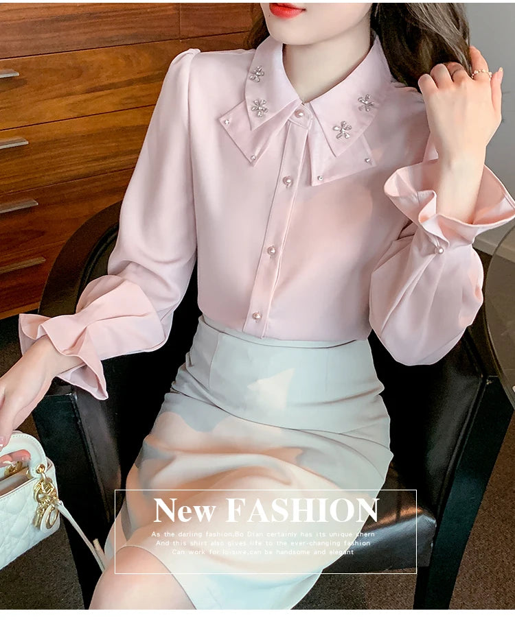 Korean Style Chiffon Blouse - Elegant Long Sleeve White Shirt for Women
