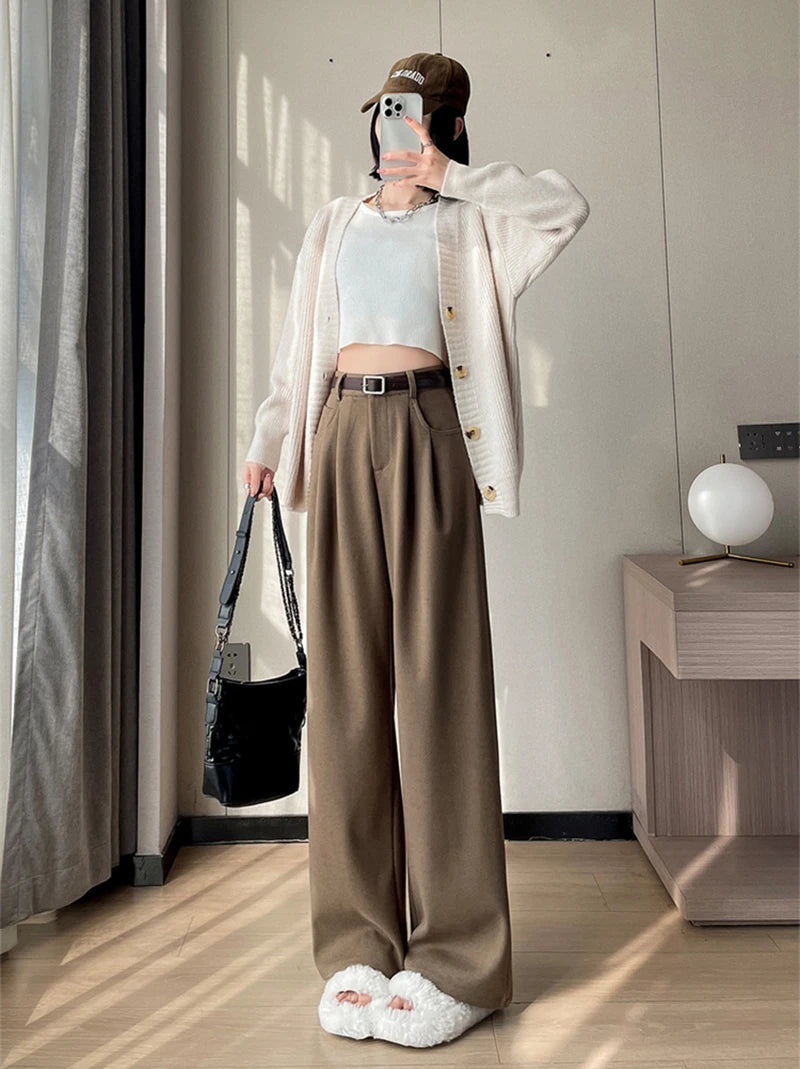 MEXZT Woolen Wide Leg Pants Women Streetwear Belt Fleece Baggy Black Suit Pants Winter Korean Fashion Casual Straight Trousers