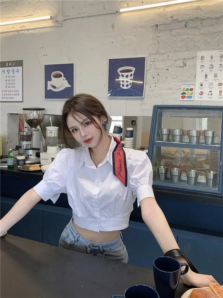 Korean Style White Puff Sleeve Cropped Shirt - Women's Elegant Preppy Blouse