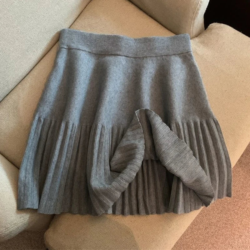 Korean Style Pleated Knit Mini Skirt - High Waist A-Line Skirt for Women